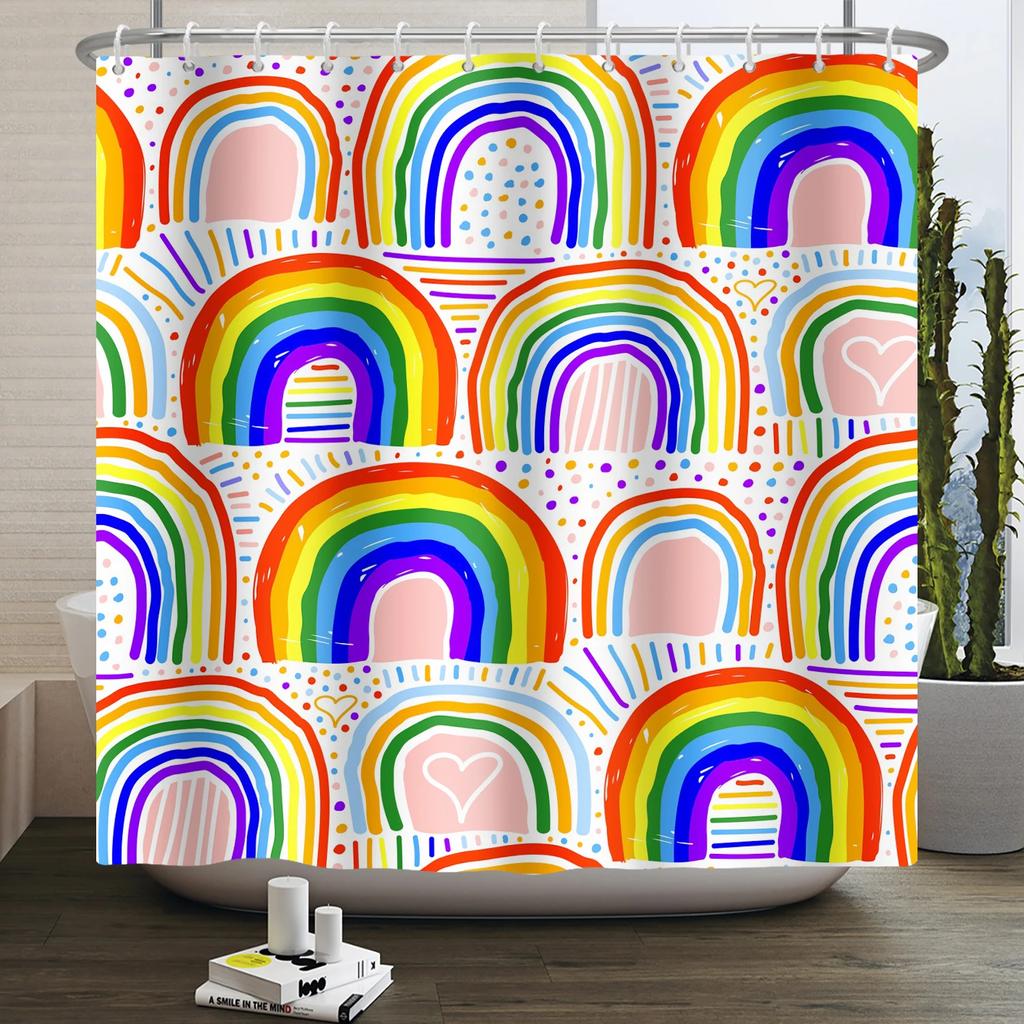 70s Retro Rainbow Shower Curtain Hippy Funky Cartoon Mushroom Floral Bathroom Curtain Polyester Waterproof Fabric Bathtub Screen
