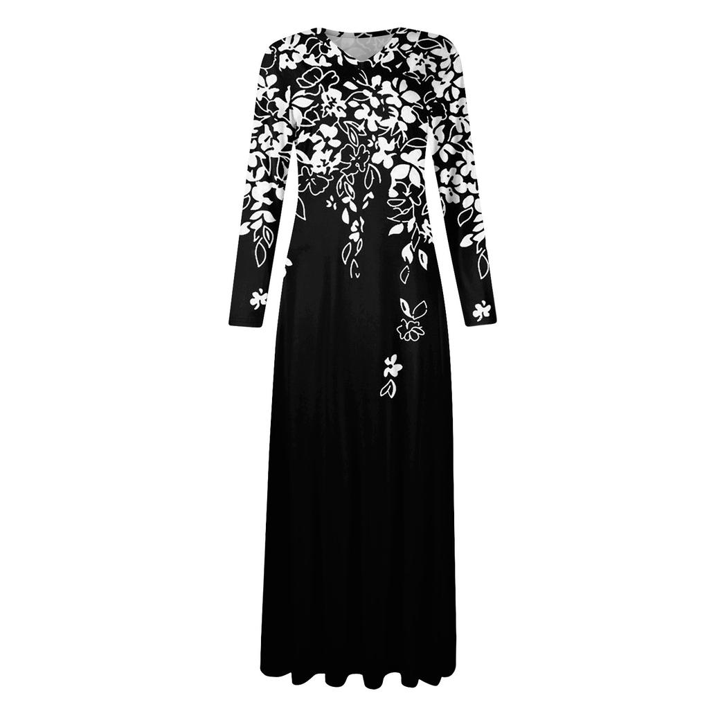 Kvinners blomstrete, gradienttrykte maxikjoler sexy kjoler langermet elegante høst lange kjoler feriekjoler for kvinner