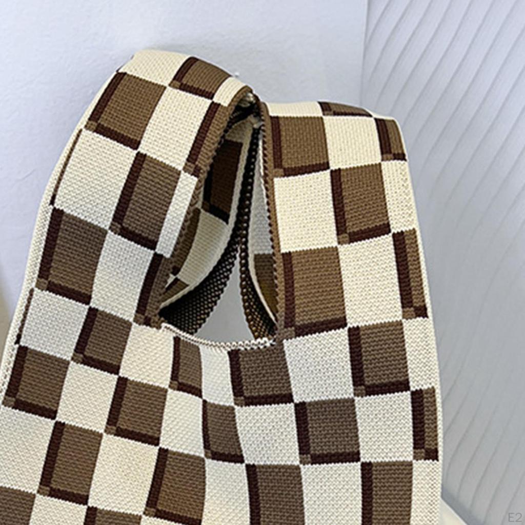 Knitted Checkerboard Women Handbag Tote Grid Pattern Soft Woven Large Capacity Casual Purse for