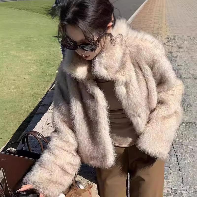 Fashion Luxury Faux Fur Short Coat Women Stand Collar Long Sleeve Loose Jacket Autumn Winter Lazy Thick Streetwear Outerwear