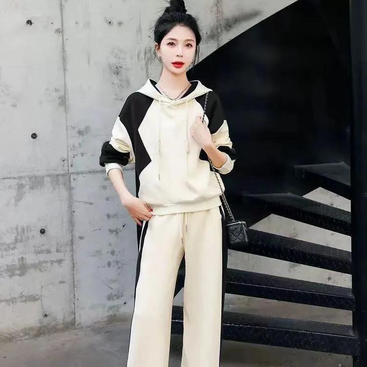 Early Autumn Casual Fashion Short Sleeve Patchwork Set Women's Wide Leg Pants Suit Korean Style Ladies' Ensemble