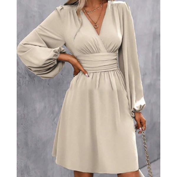 Abiti Abbigliamento Donna Scollo a V Manica a Lanterna Wrap Mini Abito Vita Arricciata Orlo Svasato Elegante per Stili Autunnali e da Festa