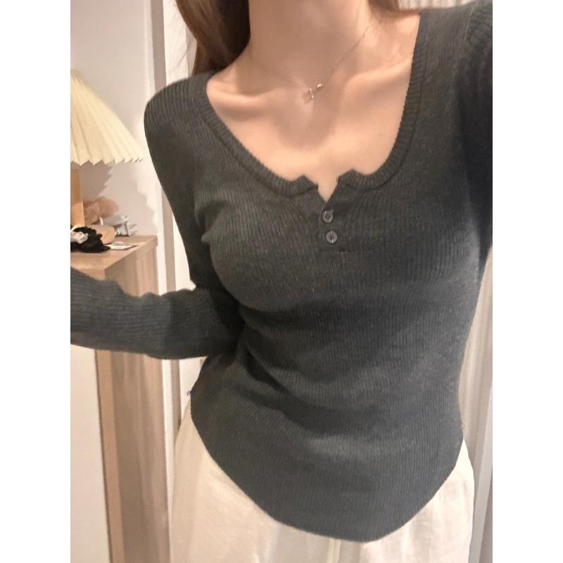 

Spring new pit strip thin button half open neck pure desire long sleeve Spice girl base with knitted top women L темно-серого