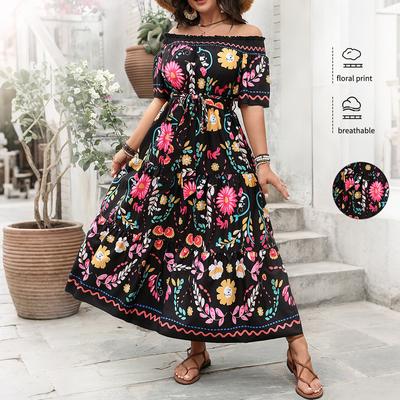 Vestido de manga corta con cuello de una línea y estampado en contraste de color para mujer, temperamento primavera-verano