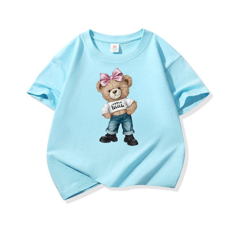 Girl Bear With Pink Bow Graphic Tee Kids Pure Cotton Crew Neck T Shirt Short Sleeve Muticolor Tops For Boys Girls Children