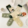 Two Pairs of Women Mid Tube Socks Kawaii Cartoon Green Flower Cotton Socks Harajuku Casual Breathable Retro Mori Style Socks