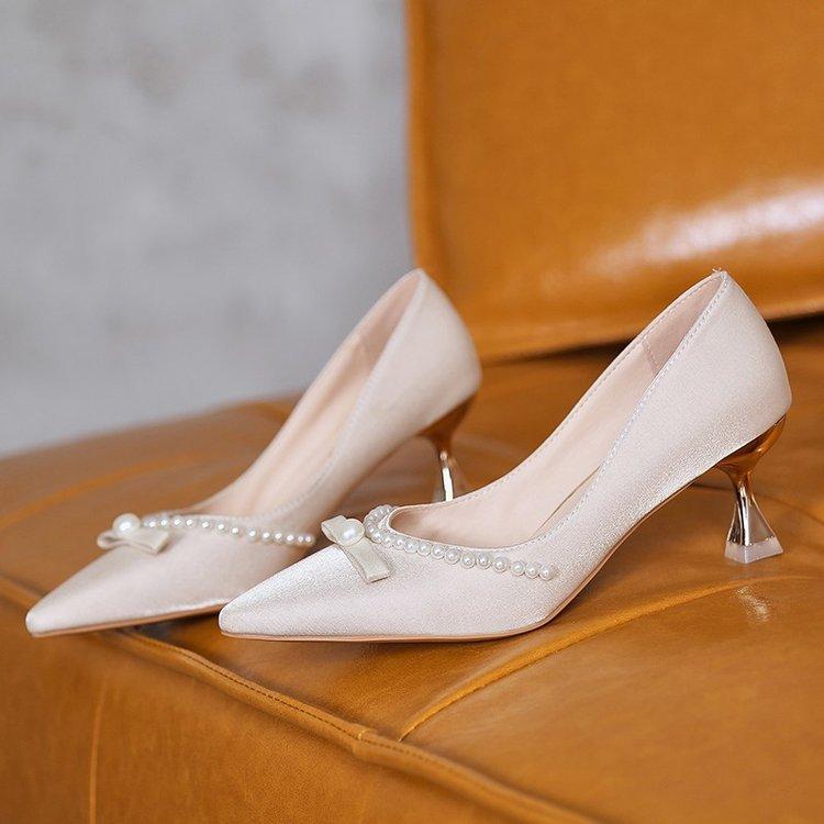 High heels women's new pointed stilettos pearl satin light mouth single shoes women