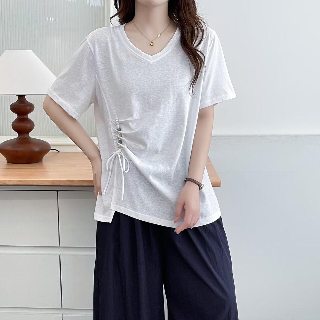 Women's Irregular Beaded Drawstring Waist Loose Short-Sleeve T-Shirt