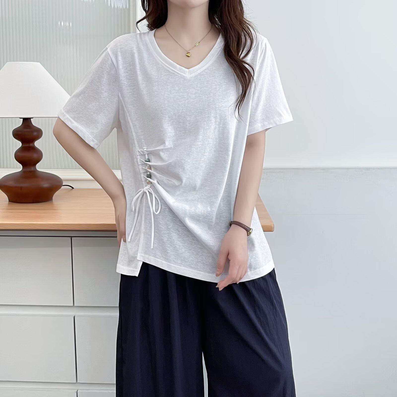 

Women s Irregular Beaded Drawstring Waist Loose Short-Sleeve T-Shirt 2XL білий