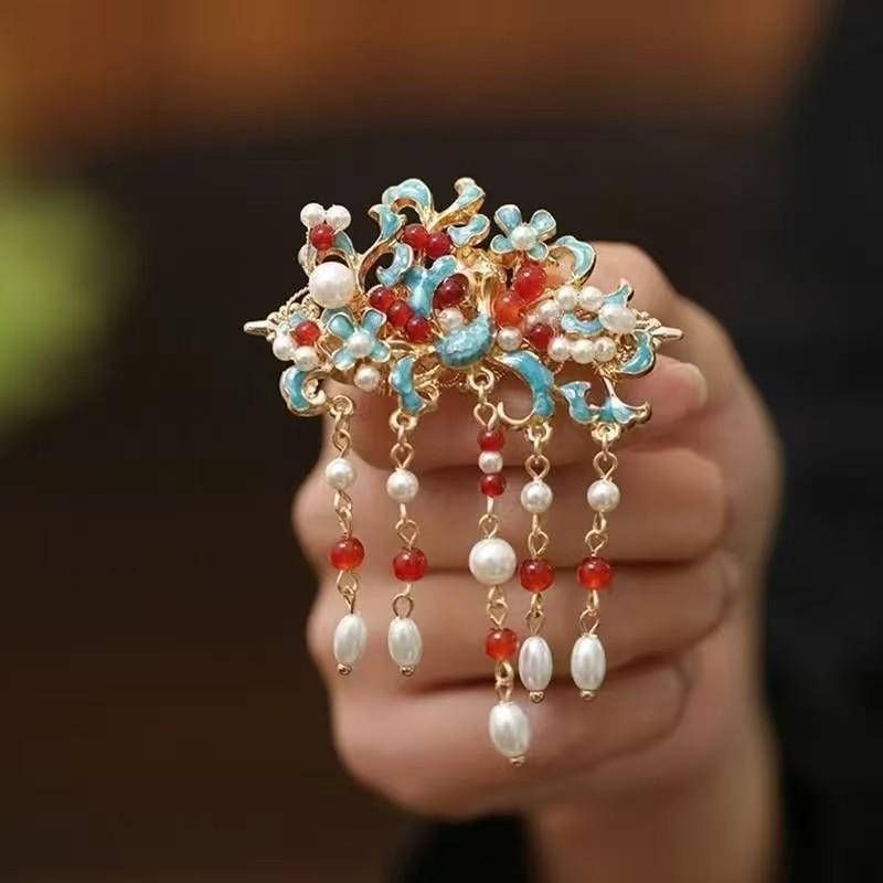 Ancient Style Blue Cloud Pearl Hairpin with Tassel Edge - Elegant Chinese Inspired Hair Accessory