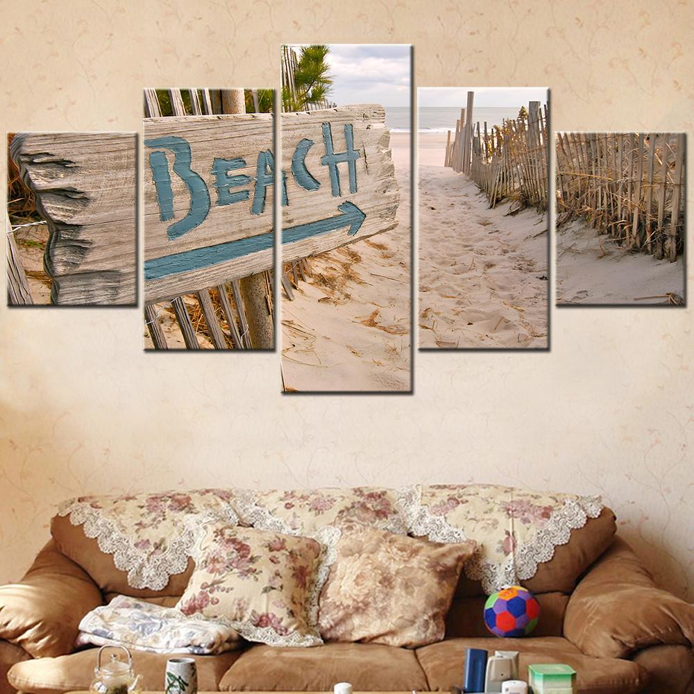 

Modular Wall Art Canvas Painting 5 Piece HD Printed Beach Fence Poster Print Aesthetic Canvas Picture for Living Room Decoration 20X35 20X45 20X55CM