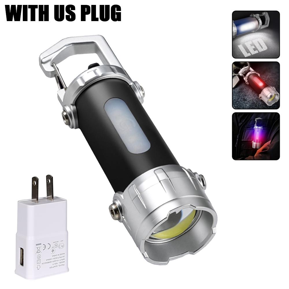 Mini LED COB Flashlight USB Rechargeable Torch with Hook Outdoor Emergency Working Lantern with Red Blue Light Keychain Light