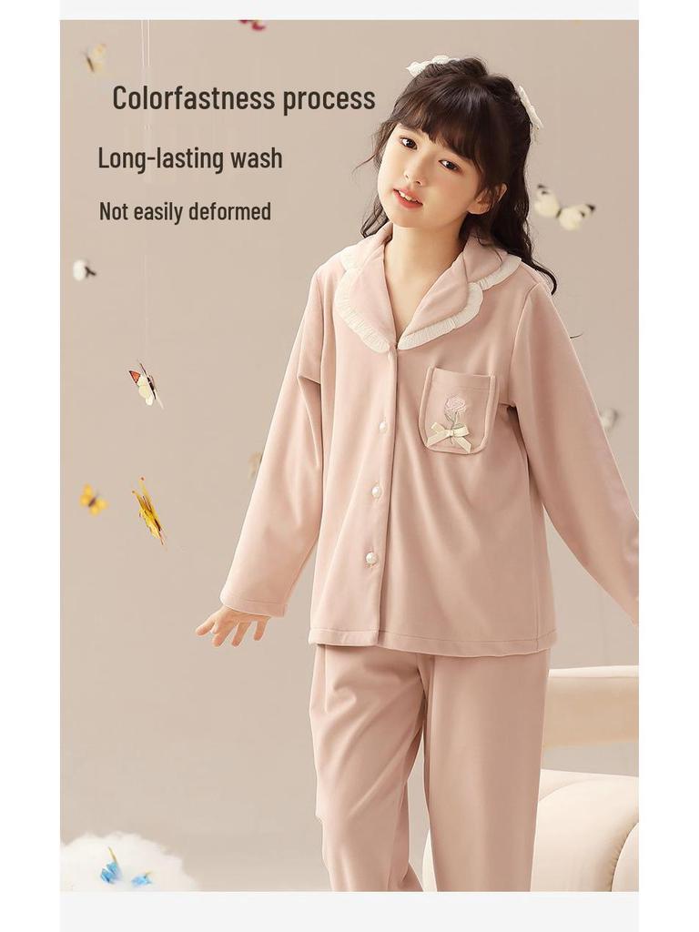 Autumn Winter Rose Embroidered Fleece Pajamas for Girls - Anti-Static, Warm Homewear for Kids