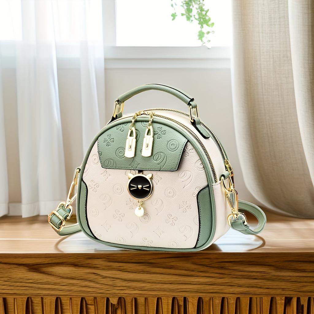 Geometric Embossed Crossbody Bag, Small Color Contrast Handbag, Cute Cat Dome Shoulder Purse