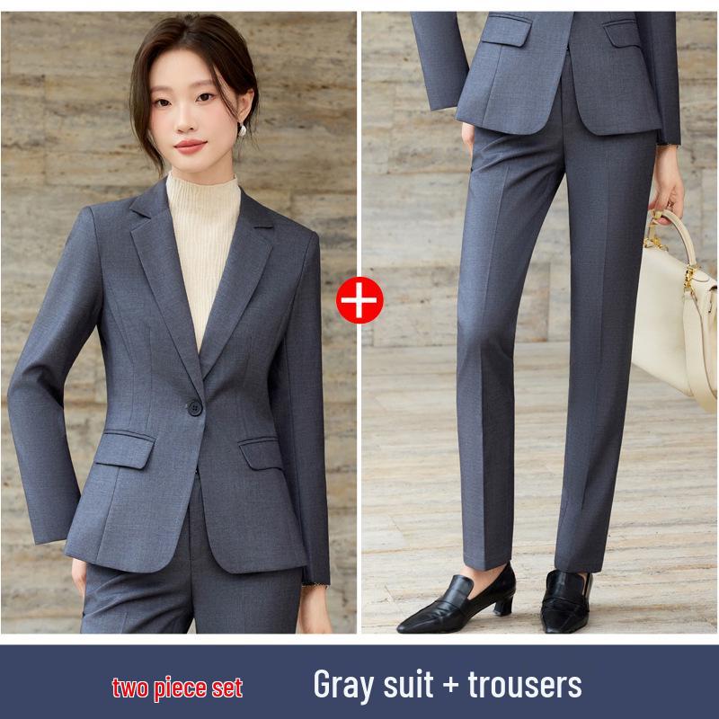 Women's 2025 Gray Wool High-End Professional Suit Set for Hotel Front Desk and Jewelry Store Workwear