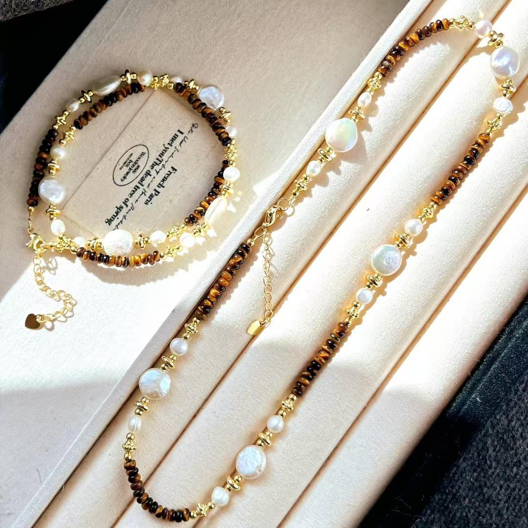 High Matching Retro Feeling High Quality Natural Tiger S Eye Stone Natural Baroque Pearl Sweater Chain Necklace
