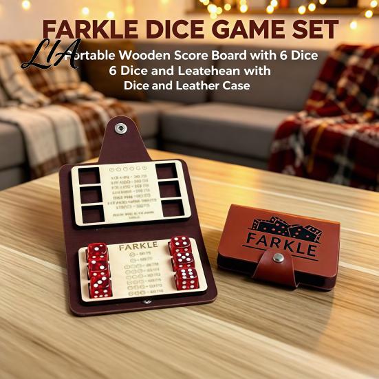 Retro Dice Game Farkle Board Game, with Faux Leather Case, 6 Dices, Wooden Tabletop Scoreboard, Portable for Travel Family Party Night Set