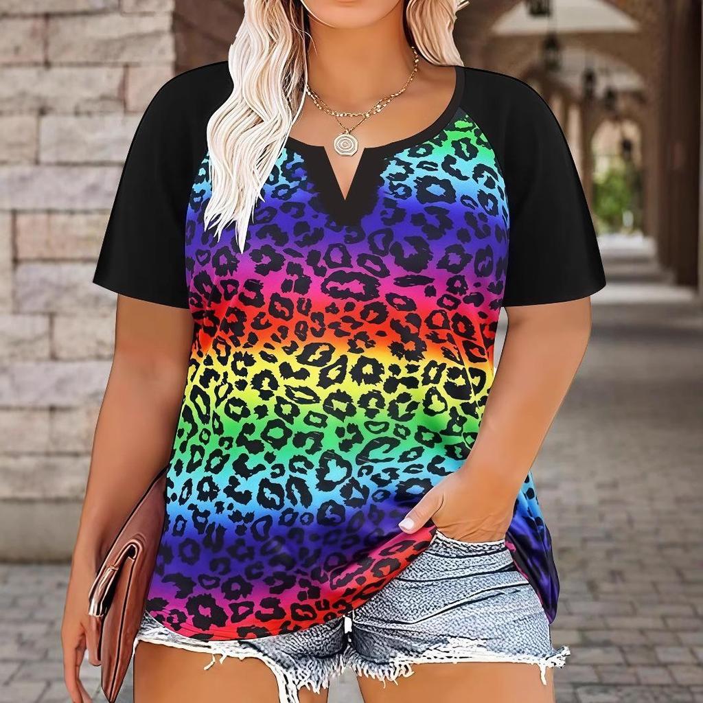 2025 Spring/Summer V-neck Ethnic Print Plus Size Women's Short Sleeve T-shirt