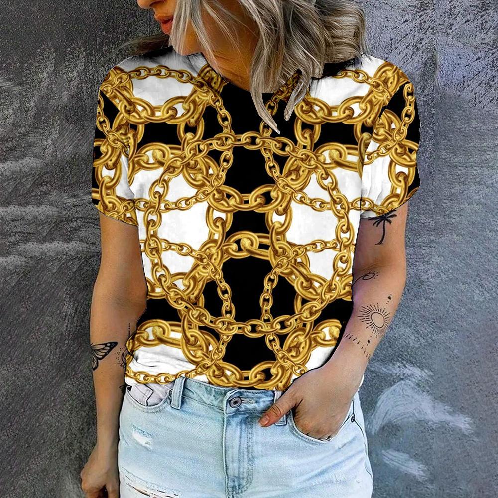 Baroque Style Black Gold Chain 3D Printed T-shirt Light Luxury Round Neck Short Sleeved Top for Women's Spring and Summer