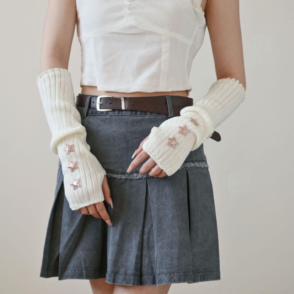 Bow Star Long Wrist Gloves Knitted Fingerless Gloves Trendy Warm Arm Sleeve  JK Accessories