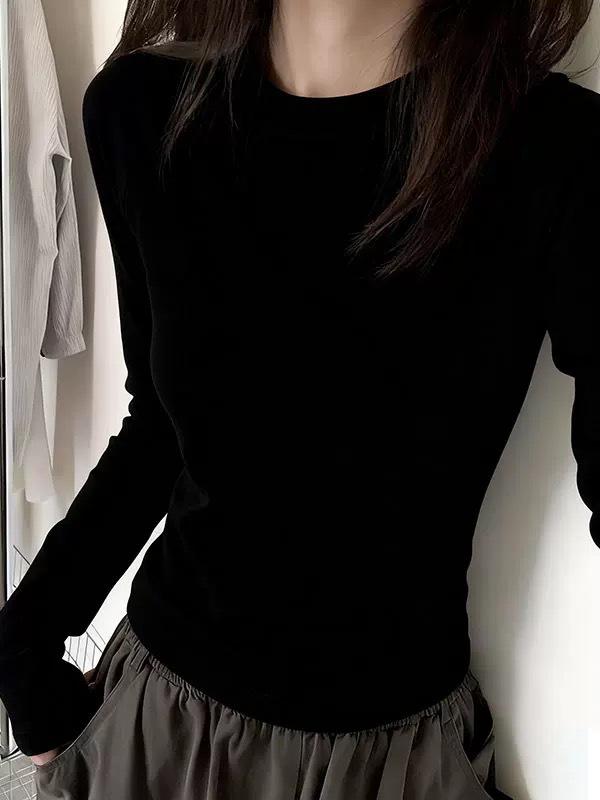 Women's Slim Fit Long Sleeve Plain Cotton T-Shirt - Round Neck, Versatile, Ideal for Spring and Autumn