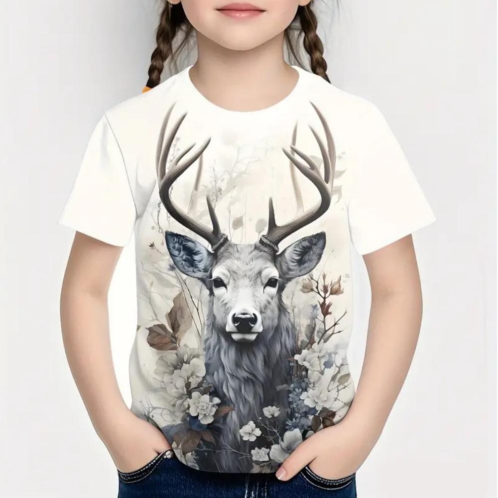 Summer Girls' Clothing Cute and Interesting Animal Horse Round Neck Short Sleeved Printed T-shirt Fashionable Streetwear Top Girls' T-shirt