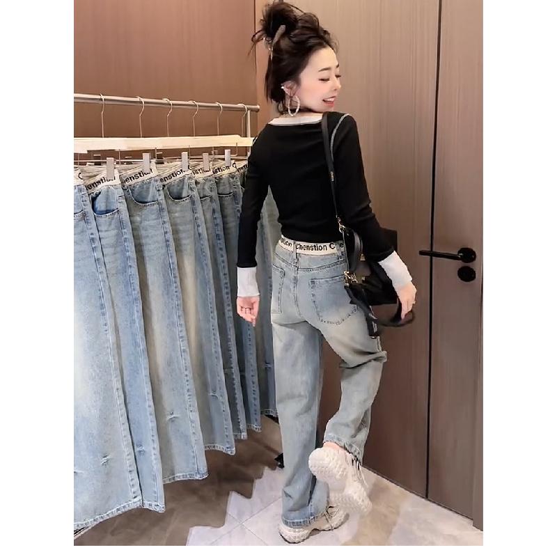 Women's Slim-Fit Wide-Leg Jeans 2026 New High-Waisted Plus Size Slimming Embroidered Letter Straight Pants