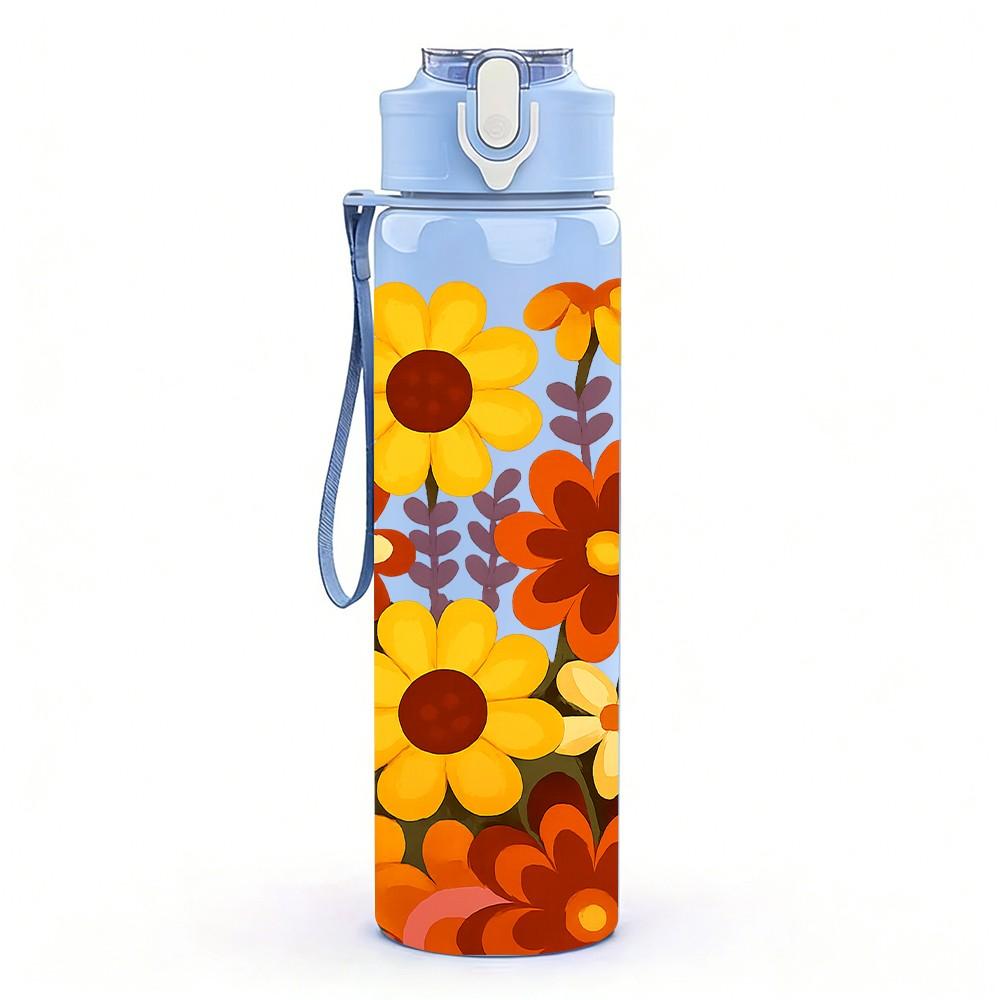 1PC Vibrant Mixed Sunflower Daisy Print 750ml Color Plastic Sports Water Bottle Leakproof Flip Straw Lid Suitable for Sports Office Home Use
