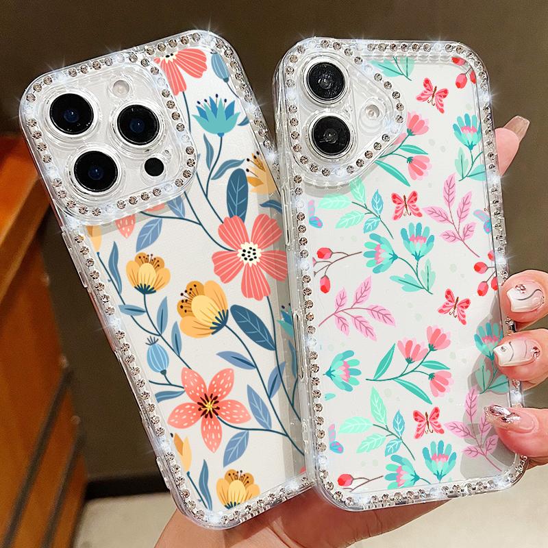 Crystal Diamond Clear Case For iPhone 16 14 15 Pro Plus 13 12 Pro Max 11 16e Flowers Floral Patterned Soft TPU Phone Cover Coque