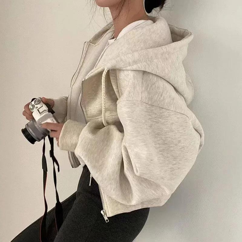 Lazy wind loose hooded sweater women's 2024 autumn and winter fleece thickened short zipper long-sleeved jacket