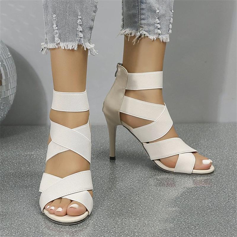 Europe and America 22 Summer Large Size High-heeled Sandals Stiletto Cross Elastic Band Rear Zipper Sexy Sandals