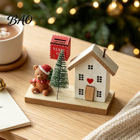 Christmas Showcase Display Mini Village House Figurine, Winter Scene Ornament with Snowman Hand Painted Wood Town Bear & Mailbox, Nordic Style Desktop
