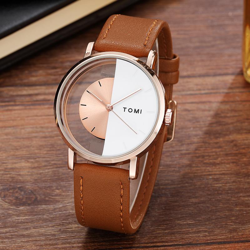 TOMI Creative Quartz Men s Women s Watch Unique Unilateral Transparent Dial Couple Watch Leather Strap Simple Gift Clock New