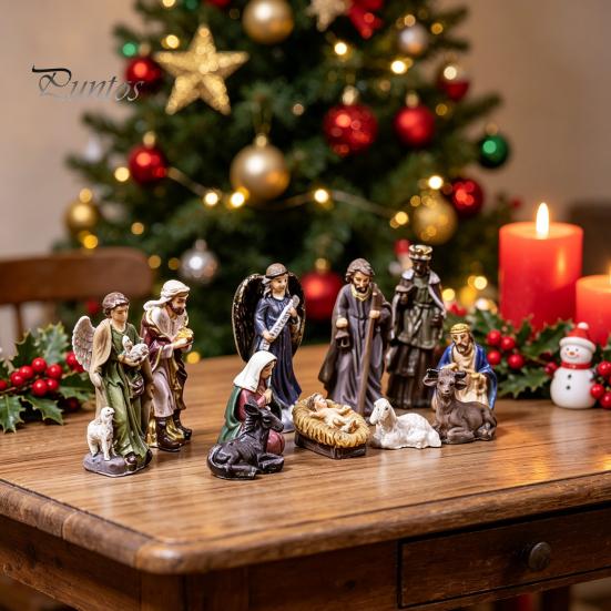 Christian Religious Gifts 11 Pcs Christmas Nativity Scene Set, Resin Mini Figurines Tabletop Decor, Indoor Creche Display Holy Family Angel