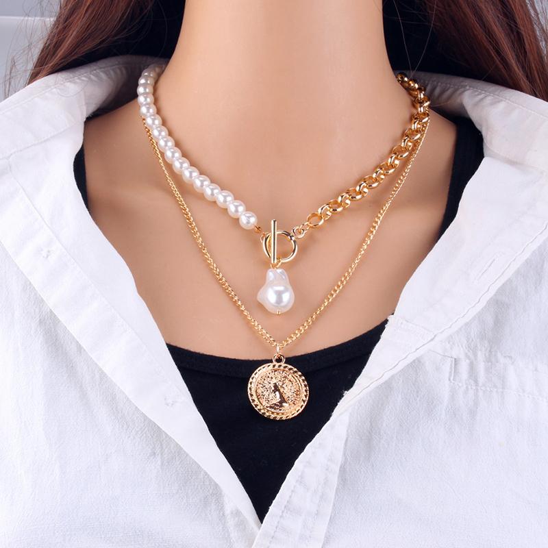 Fashion Chain Pearl Necklace For Women Baroque Pearl Metal Charm Pendant Necklaces Choker Snake Chain Zircon Gold Copper Color