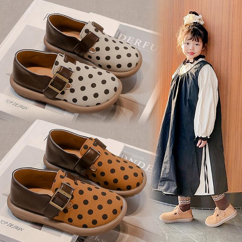 Kids Flat Shoes Non-slip Polka Dots Girls Leather Shoes Round Toes Hook&loop 2025 New Children Casual Shoes Dirt-proof Soft Sole