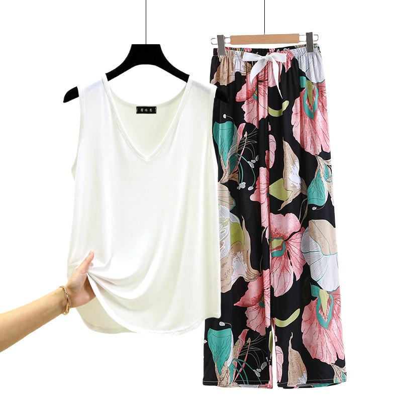 Lockere Modal-Pyjama-Sets Sommer V-Ausschnitt Tanktop und Florale Weite Hosen Lässiger Hausanzug ärmellos Loungewear Übergröße