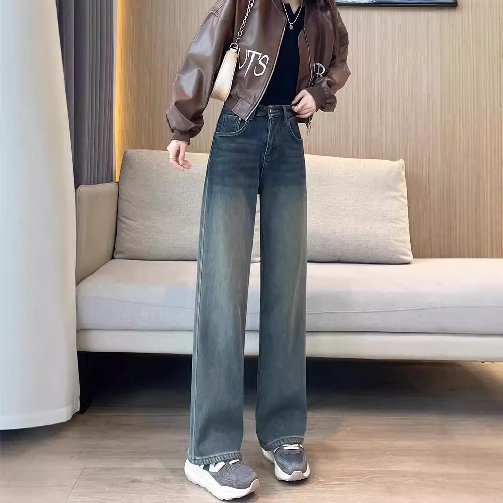 Dámské plyšové džíny s vysokým pasem a širokými nohavicemi - Zimní 2024 Retro rovné kalhoty