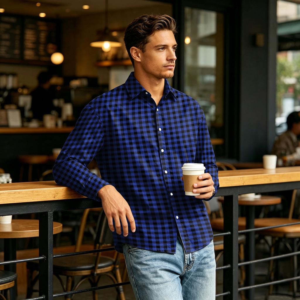 Men's Long Sleeve Plaid Shirt with Collar for Casual Daily Wear