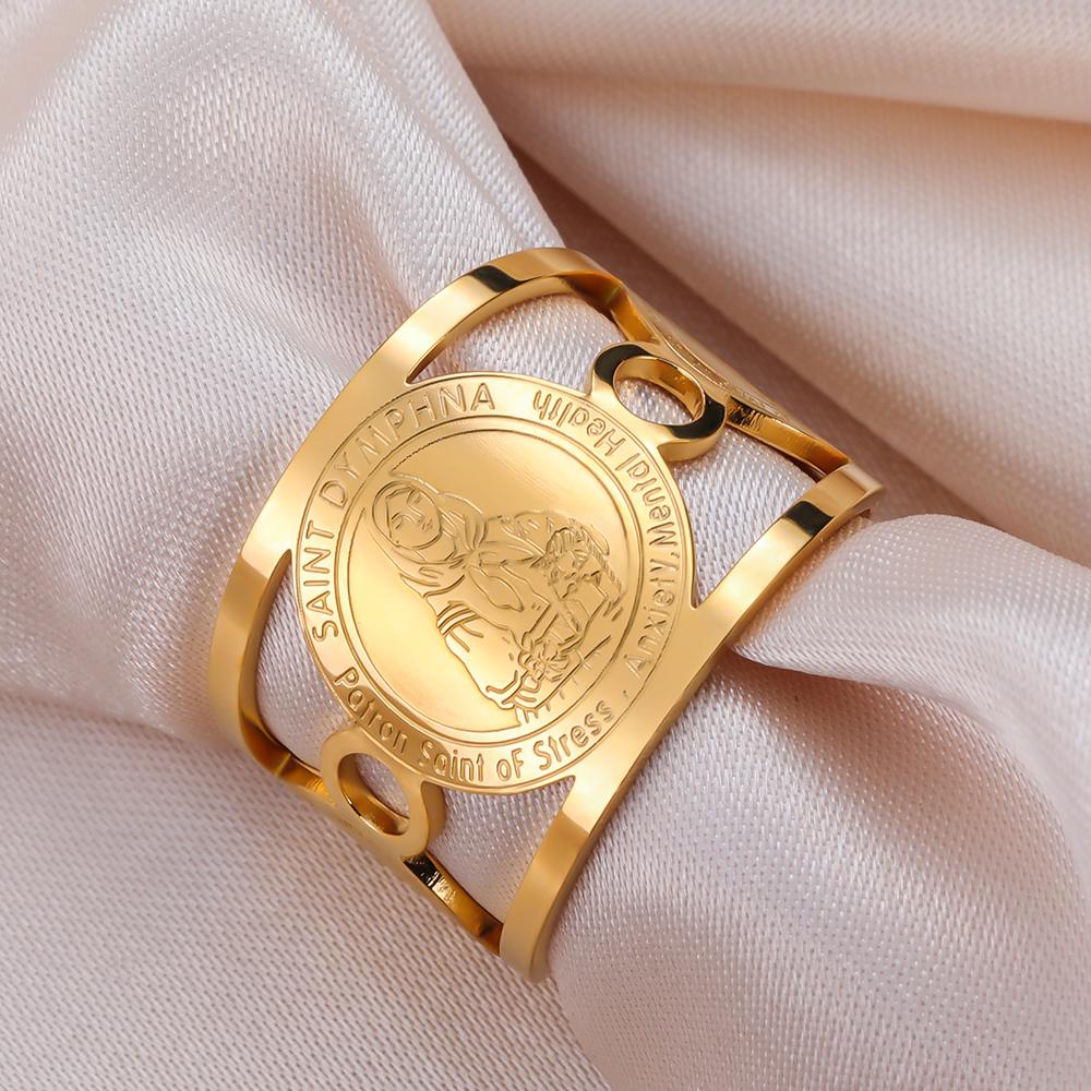 Dawapara Saint Dymphna Women Ring Adjustable Religious Protector Ring Prayer Blessing Stainless Steel Jewelry Christmas Gift