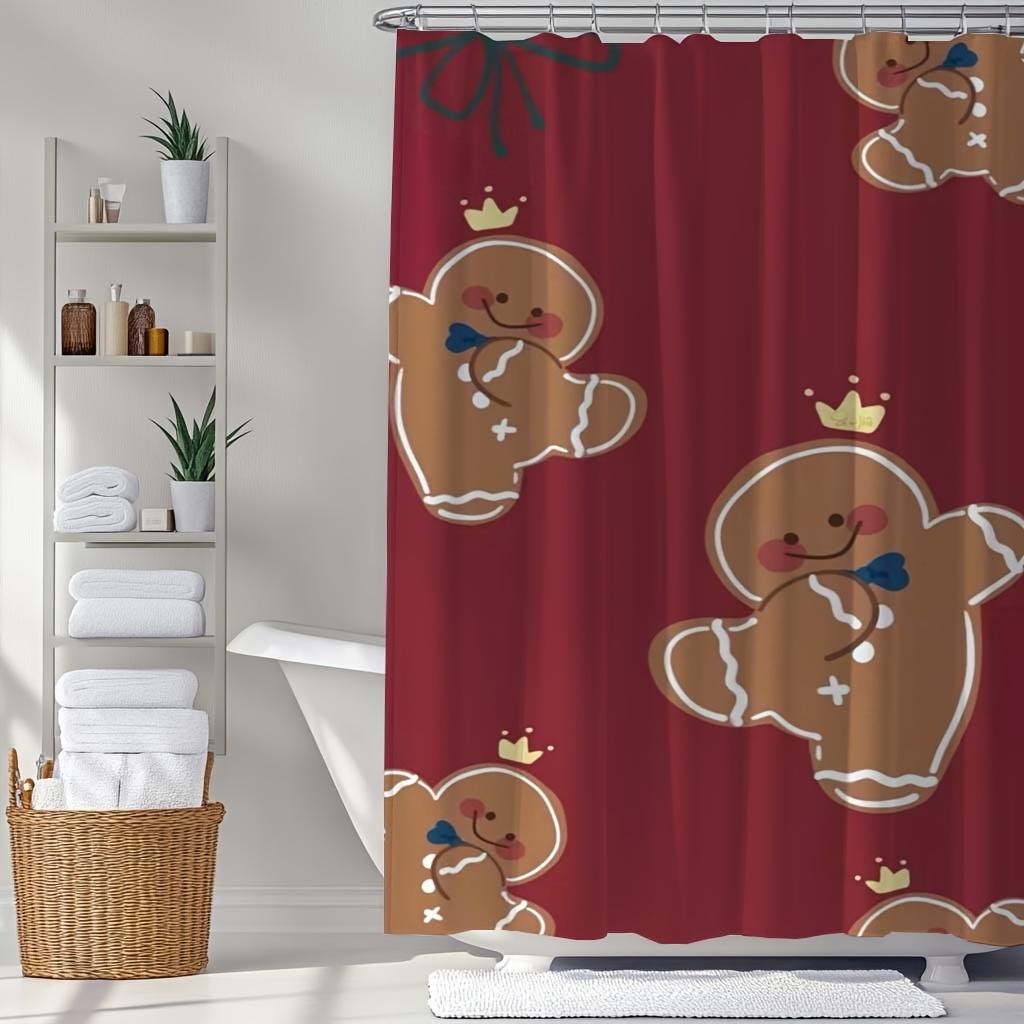 

1-Piece Gingerbread Man Shower Curtain Set - Fashionable And Cute Digital Print With Red Bow Decoration, Polyester Fabric W60H190(CM)-1 Pcs