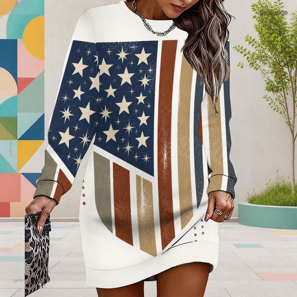 Women Plus Size Round Neck Long Sleeve American Eagle Printed Sweatshirt Mini Dress