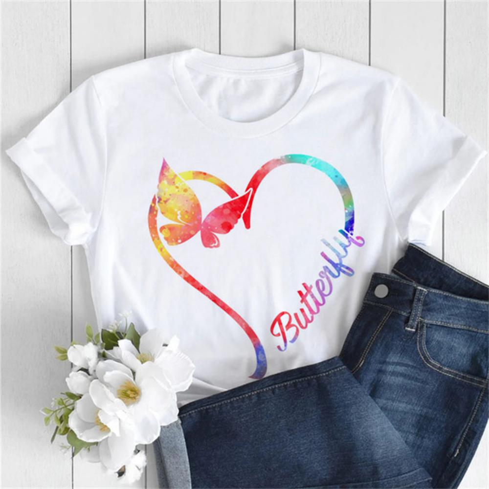 New Women T Shirt Fashion MOM Butterfly Floral Print Tshirt Casual Short Sleeve Tops Tee Women T-shirts 90s Lady Female T Shirt