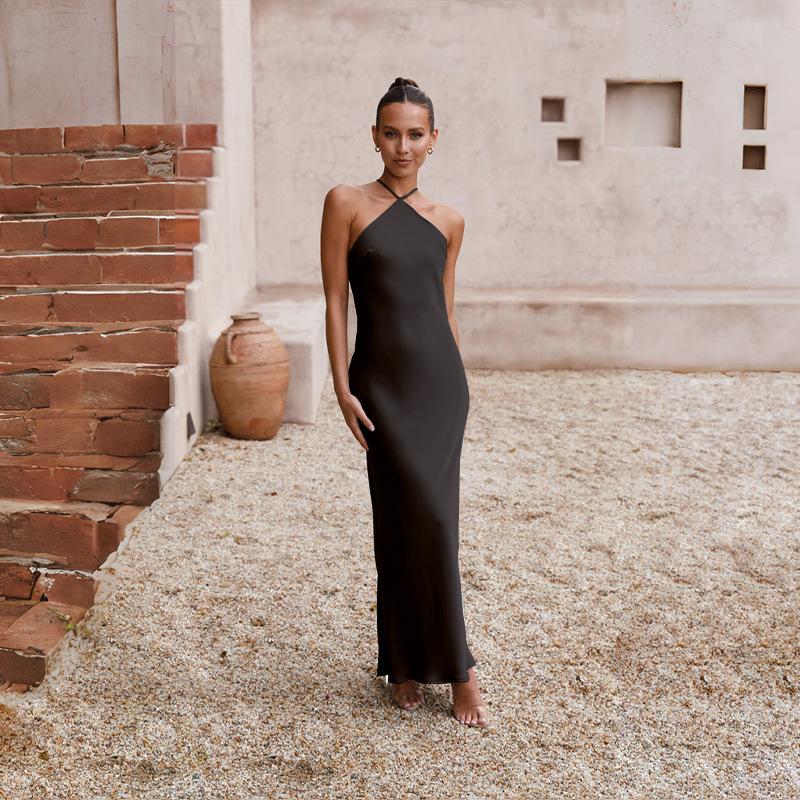 Women Design Sense Backless Spaghetti Strap Solid Ankel-Length Dress V-neck High Waist