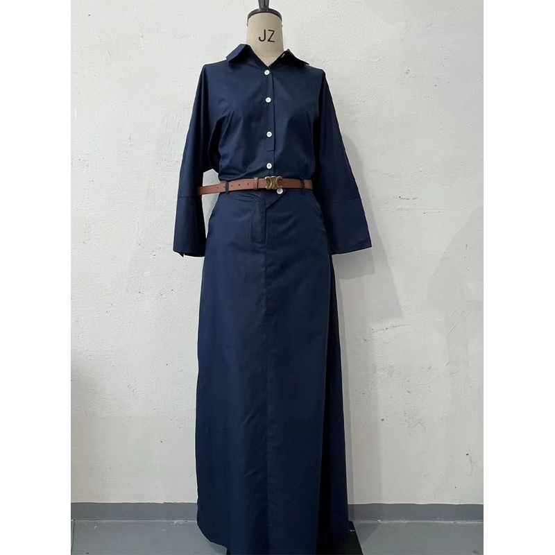 

European and American New Shirt Long sleeve Top Waist Hugging Skirt Two-piece Set Women s Clothing Skirts Lace-up Set Navy blue XXL