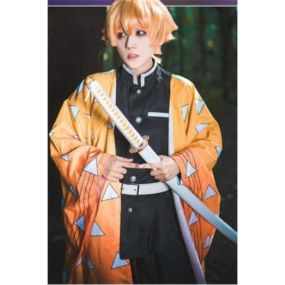 Agatsuma Zenitsu Cosplay Costume Wig Haori Embroidery Top Elastic Pants Belt Rose Net Cos Halloween Christmas Gift