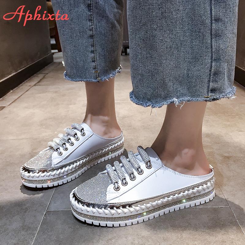 Aphixta ;uxury New Flat Platform Half Slippers Women Summer Couple Bling Mules Crystals Lace-up Shoes Slides Plus Size 42 43