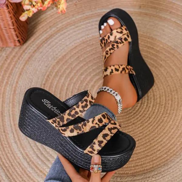 Big Size Shoes Slippers Soft Low On A Wedge Platform Slides Summer Woman Comfort Leopard Beach Rome Hoof Heels PU Casual R