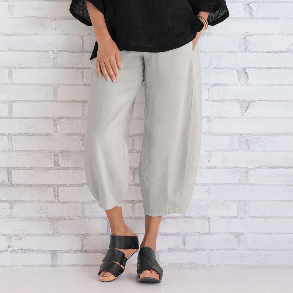 2023 Women's Wide-Leg Cropped Cotton Linen Pants - Casual, Elastic Waist, Loose Fit