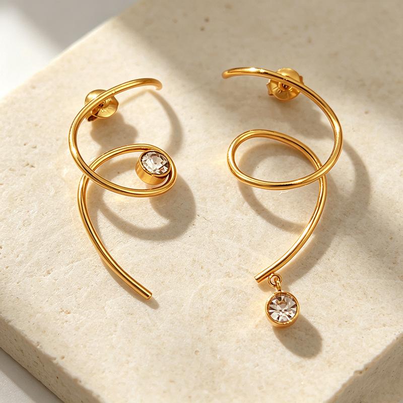 Stainless Steel Asymmetrical Diamond-encrusted Stud Earrings with Geometric Curves